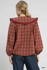 Umgee Full Size Plaid Ruffle Collar Blouse Plus Size OutfitFlow